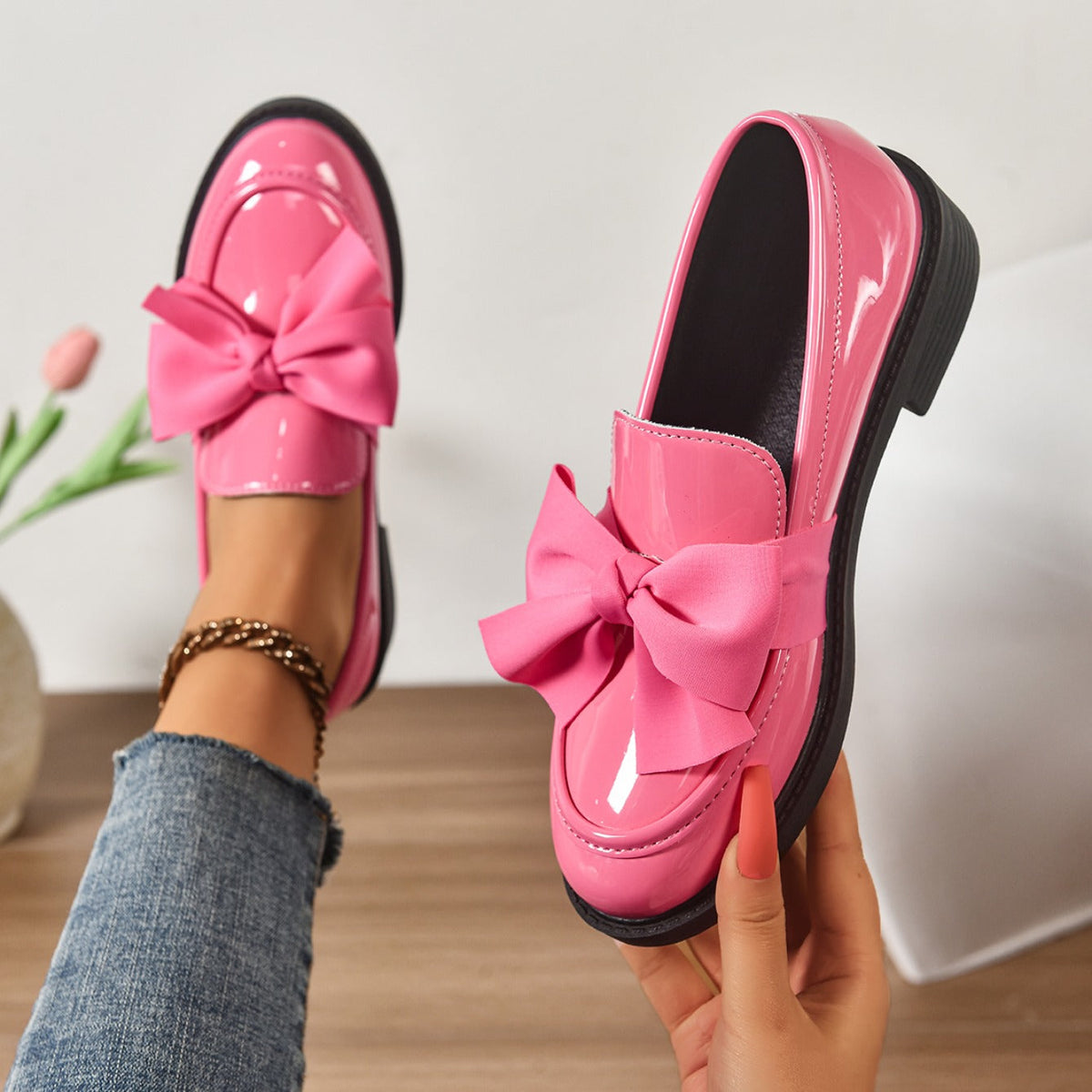Mocassins Femme en Cuir Verni à Nœud - Chaussures à Enfiler