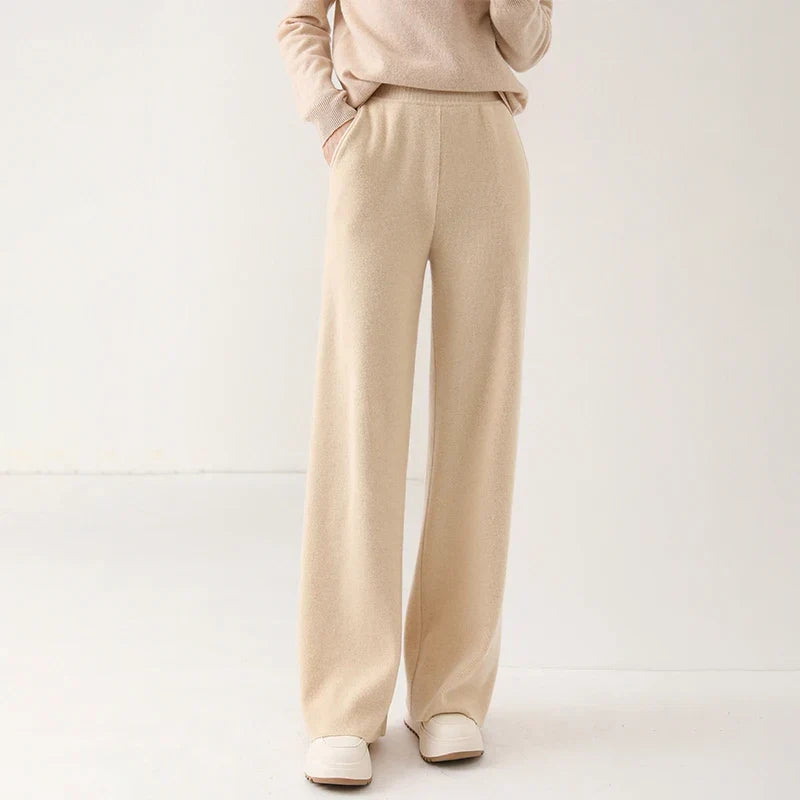 Pantalon Femme Taille Haute Jambe Large en Laine Mérinos