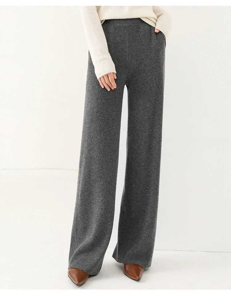 Pantalon Femme Taille Haute Jambe Large en Laine Mérinos