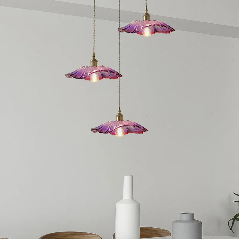 Suspension en verre – Violet et ambre, forme florale Art déco pour table à manger ou salon
