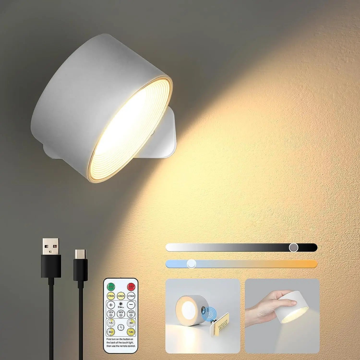 Rechargeable wall sconce – Cylindrical design, cordless with remote control, for the bedroom or living room