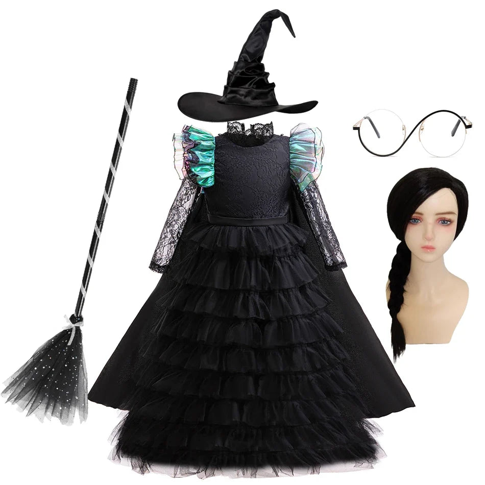 Girls emerald witch costume with hat, broom, glasses and wig bundle