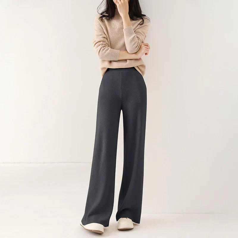 Pantalon Femme Taille Haute Jambe Large en Laine Mérinos