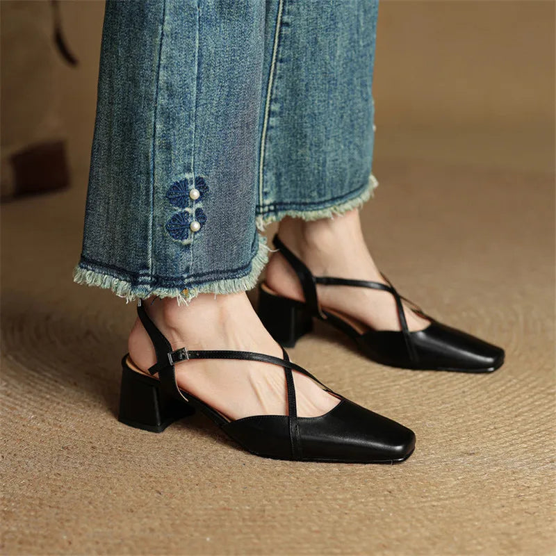 Escarpins Femme en Cuir Véritable - Talon Bloc Stable