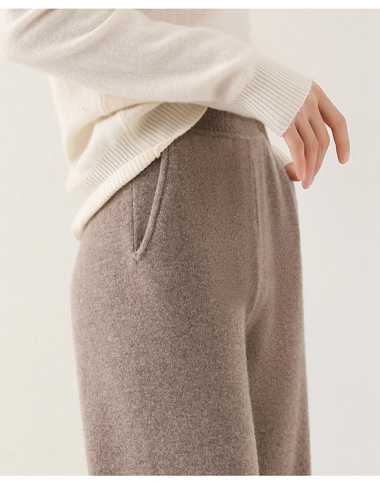 Pantalon Femme Taille Haute Jambe Large en Laine Mérinos