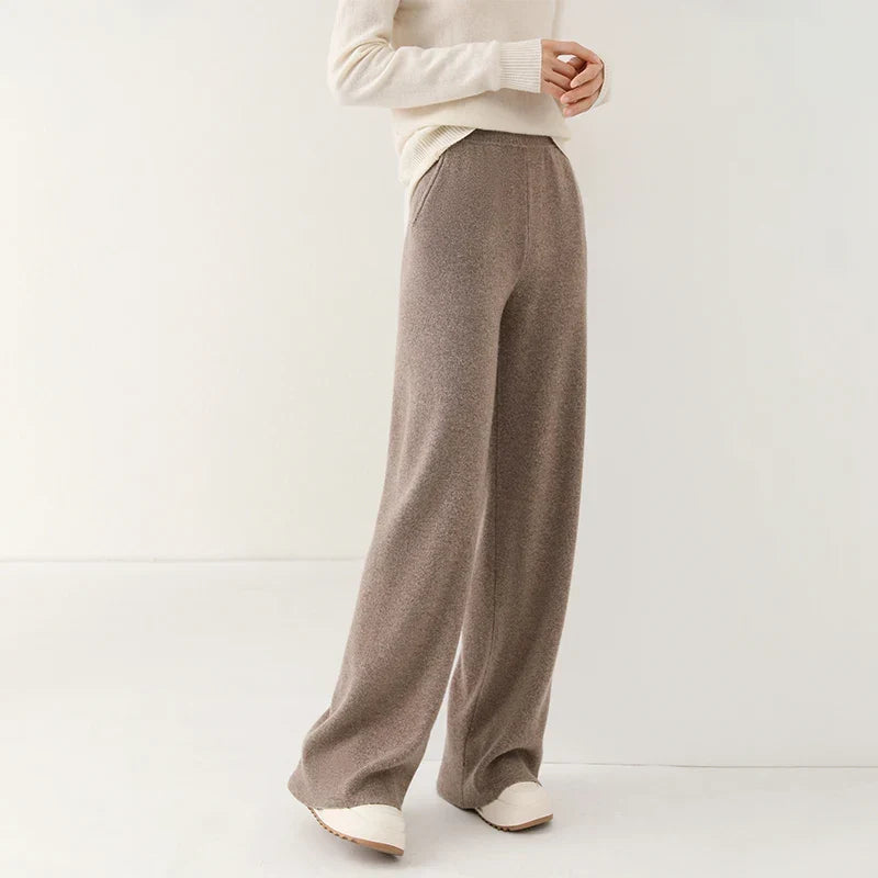 Pantalon Femme Taille Haute Jambe Large en Laine Mérinos