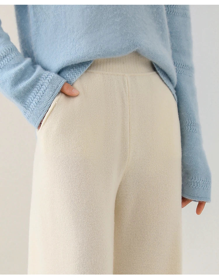 Pantalon Femme Taille Haute Jambe Large en Laine Mérinos