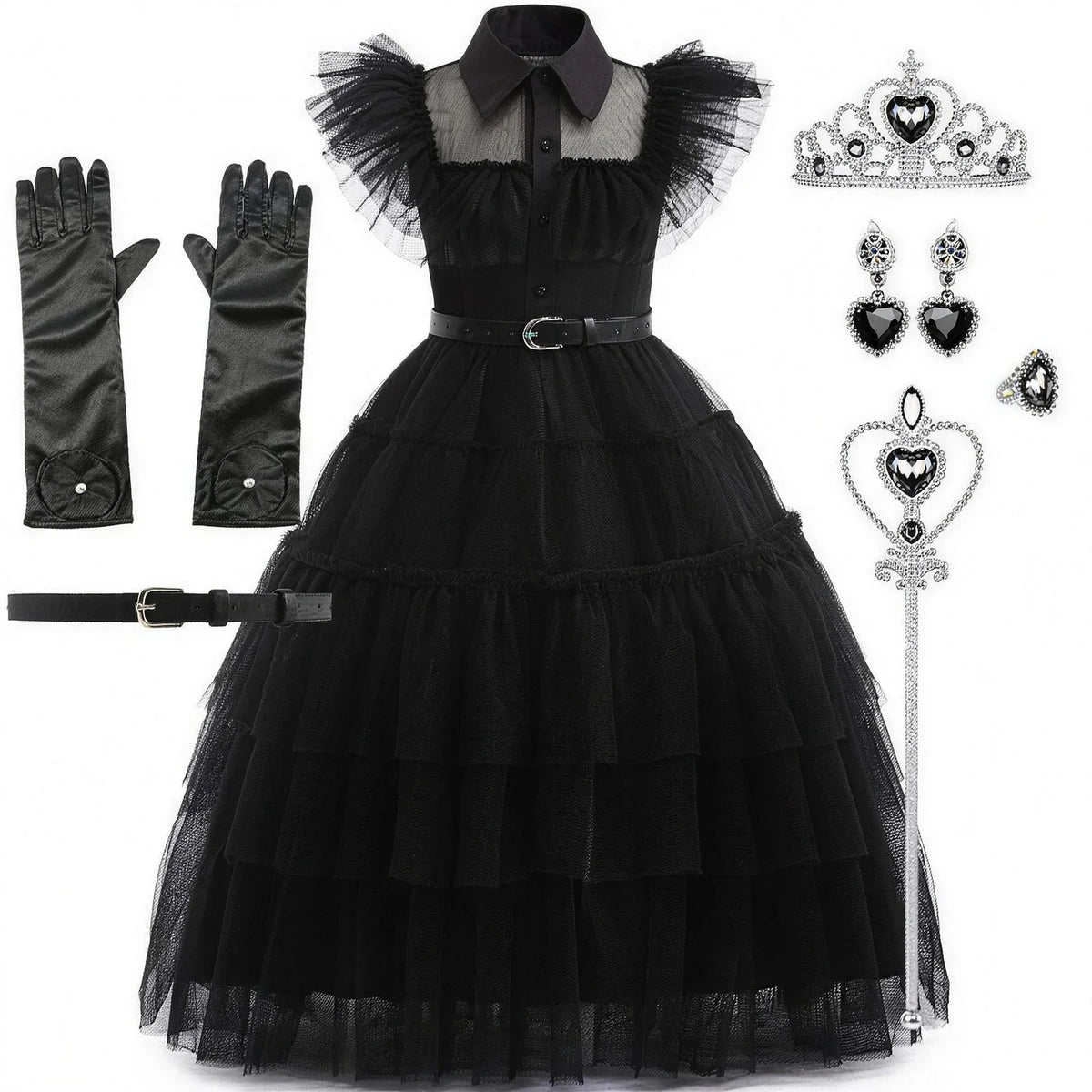 Wednesday Addams costume with belt, gloves and jewellery bundle