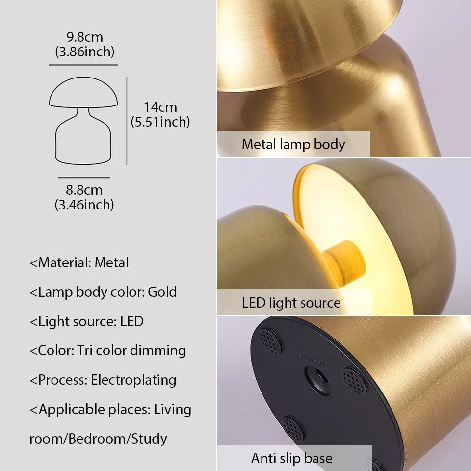 Lampe de table rechargeable – Forme champignon rétro, finition métallique pour salon ou chambre