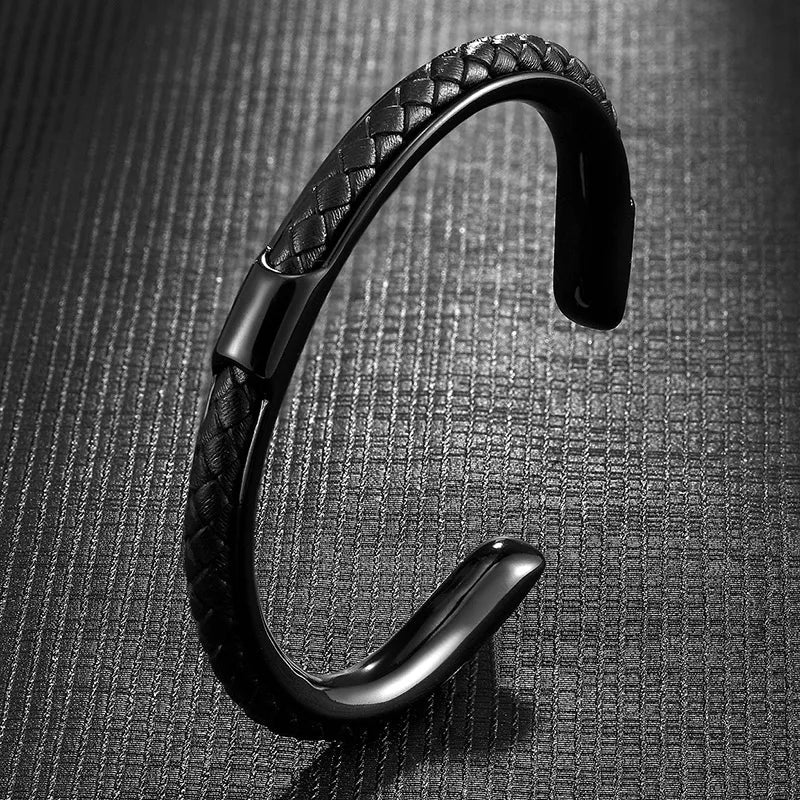Bracelet Homme Manchette Acier Inoxydable et Cuir Tressé