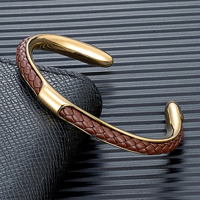 Bracelet Homme Manchette Acier Inoxydable et Cuir Tressé