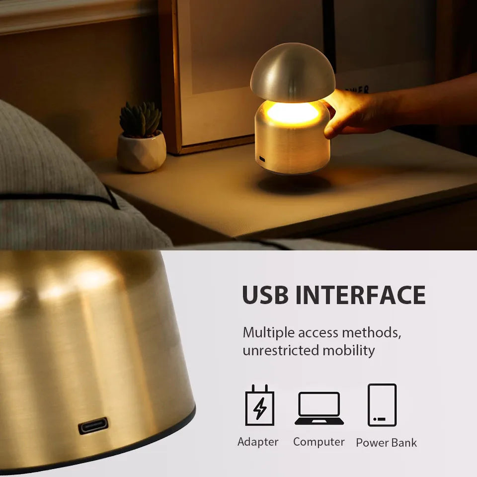 Lampe de table rechargeable – Forme champignon rétro, finition métallique pour salon ou chambre