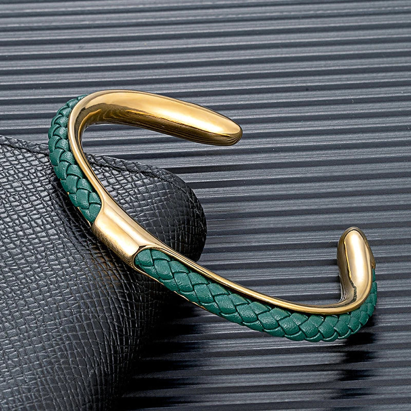 Bracelet Homme Manchette Acier Inoxydable et Cuir Tressé
