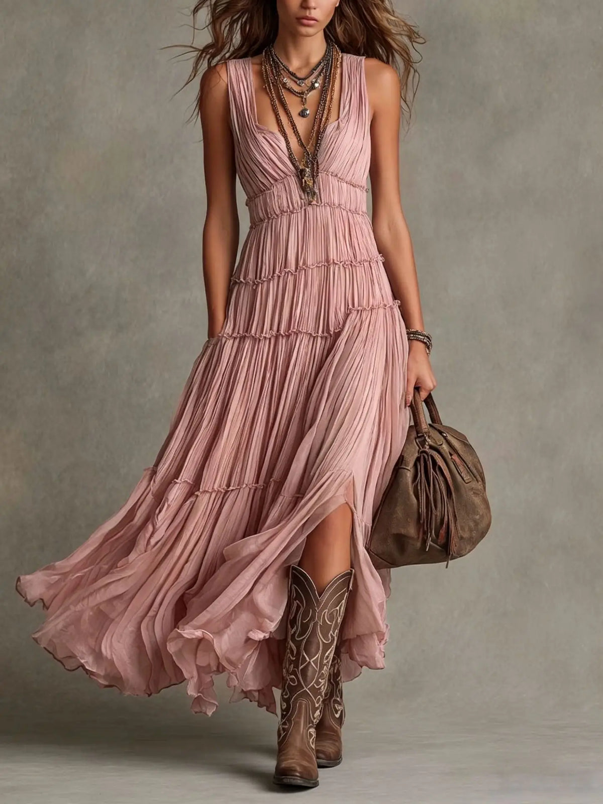 Seraphel | Women's Tiered Boho V-Neck Maxi Dress