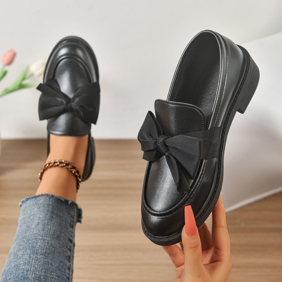 Mocassins Femme en Cuir Verni à Nœud - Chaussures à Enfiler