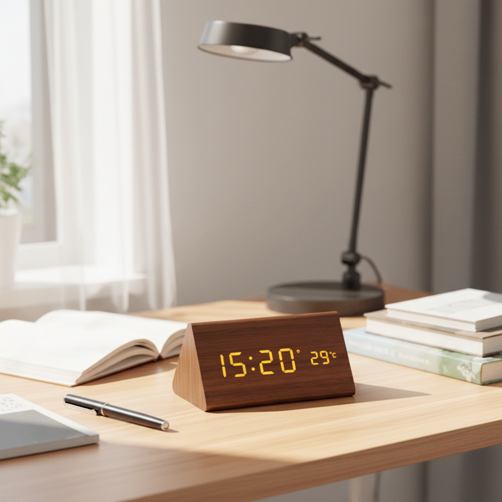 LED Wooden Clock – Natural Wood Finish, Elegant, and Voice-Controlled for the Living Room or Bedroom