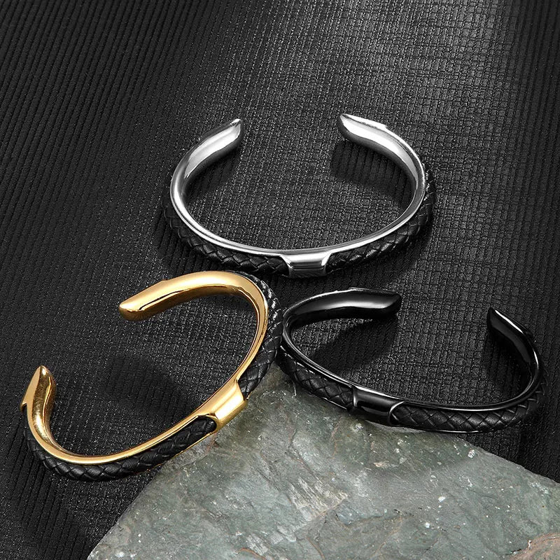 Bracelet Homme Manchette Acier Inoxydable et Cuir Tressé