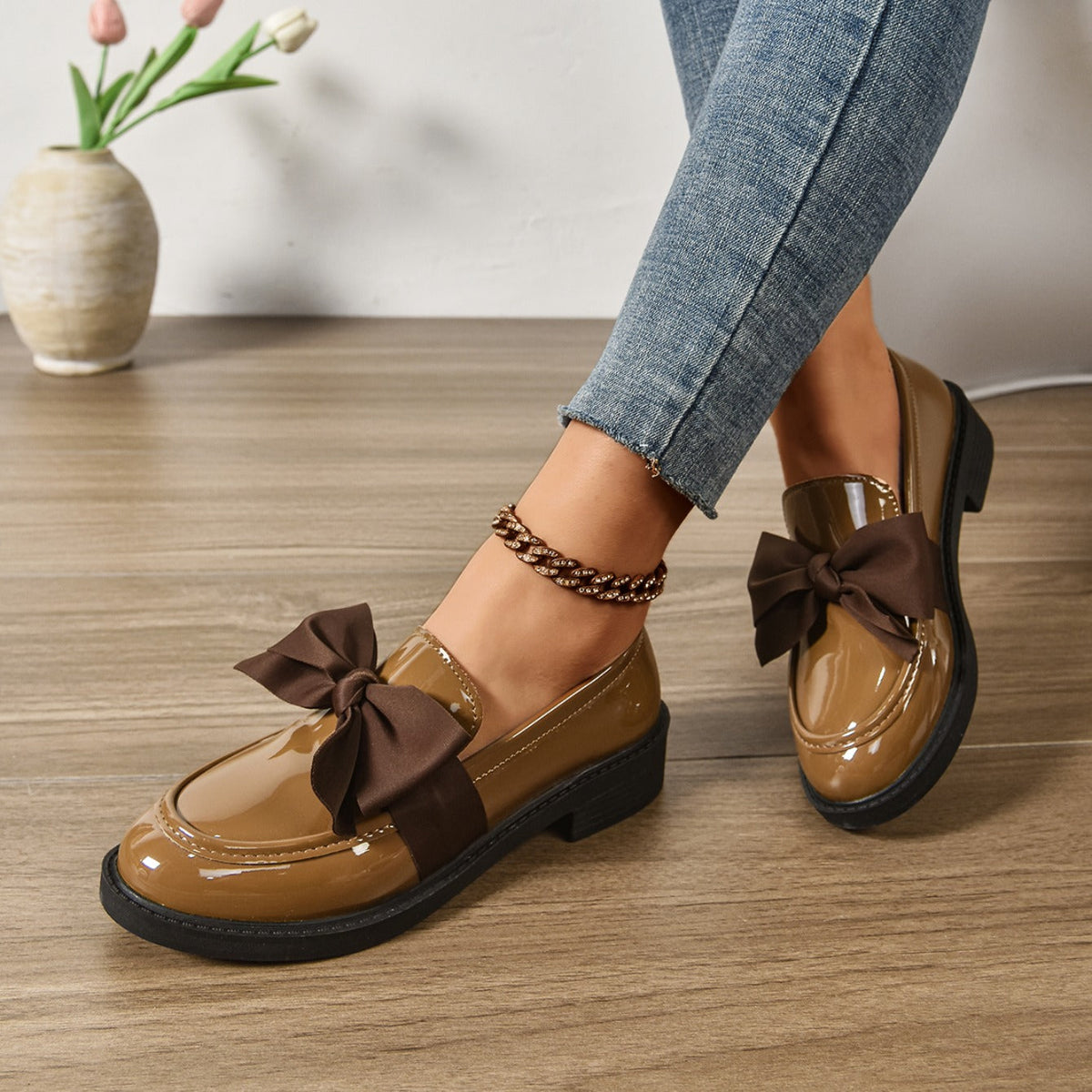 Mocassins Femme en Cuir Verni à Nœud - Chaussures à Enfiler