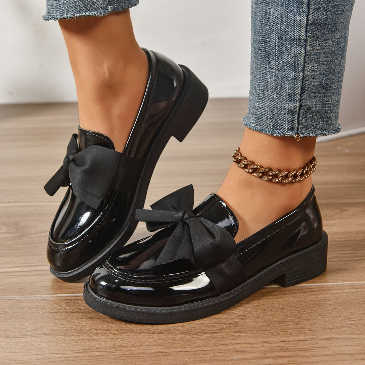 Mocassins Femme en Cuir Verni à Nœud - Chaussures à Enfiler