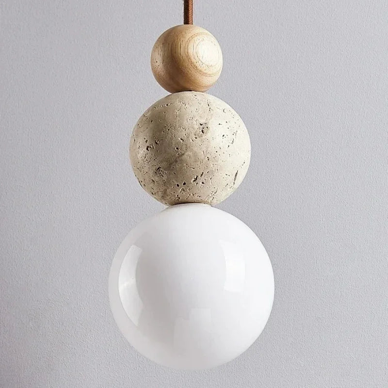 Suspension Luminaire Boule Minimaliste en Travertin, Verre et Bois
