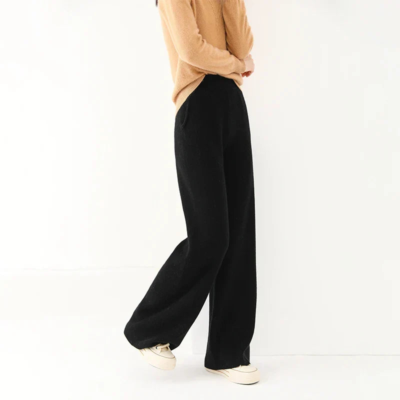 Pantalon Femme Taille Haute Jambe Large en Laine Mérinos