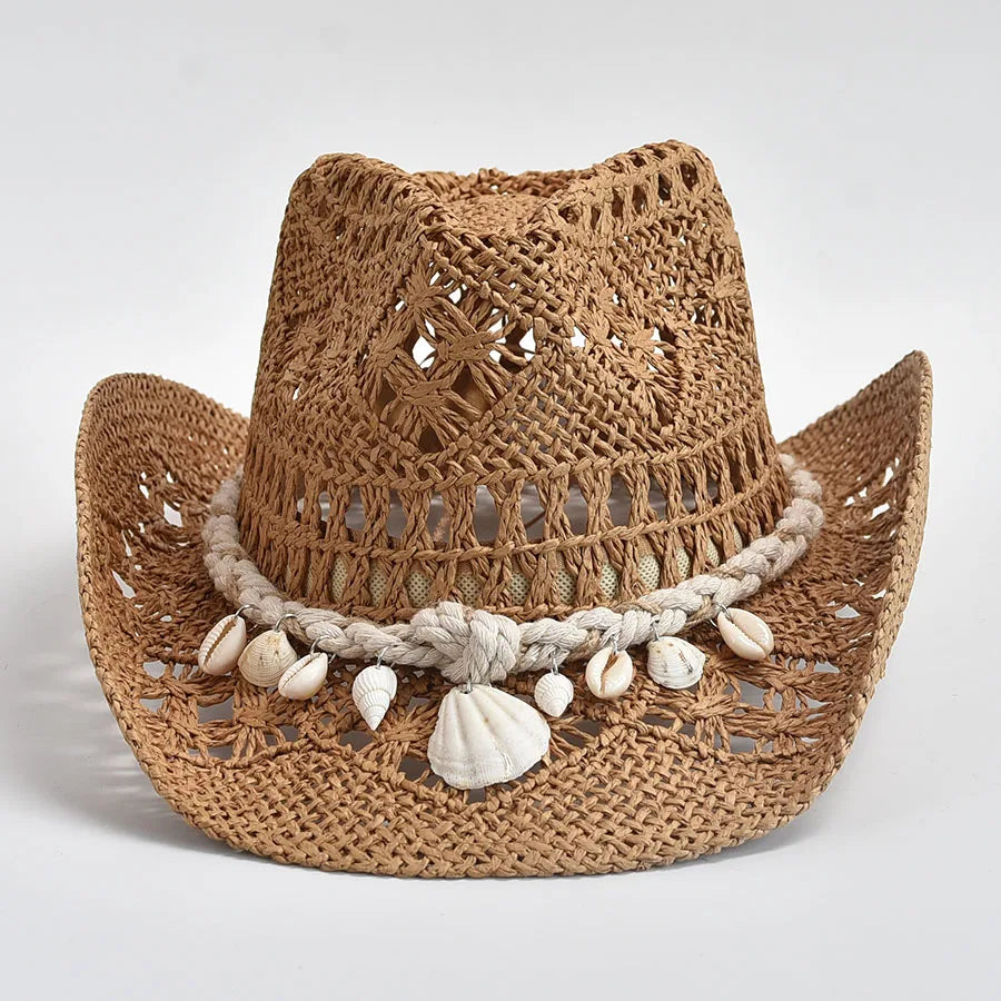 Chapeau d'Été Tressé à Bord Incurvé avec Bande Coquillages
