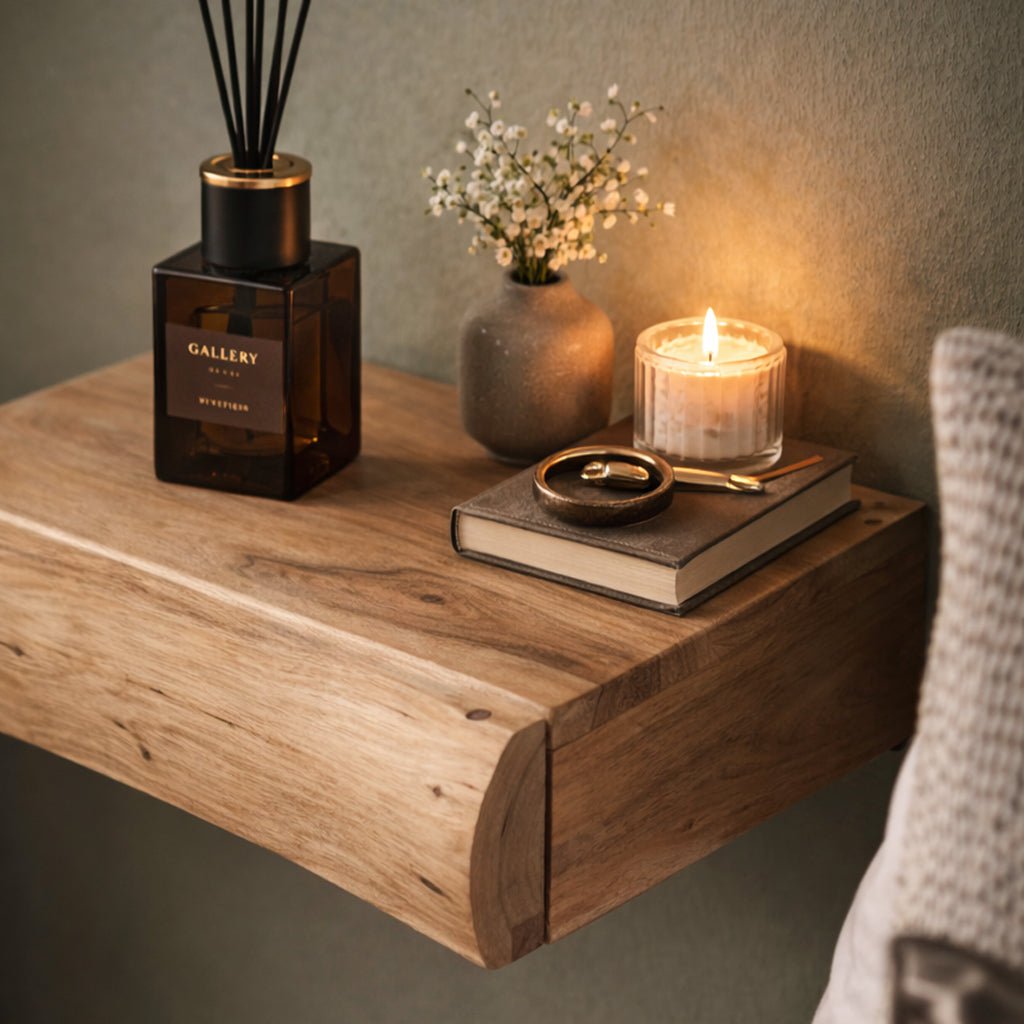 Ensemble de 2 Tables de Nuit Suspendues – Bois d'Acacia, Design Petit pour Chambre à Coucher ou Chambre d'Invités