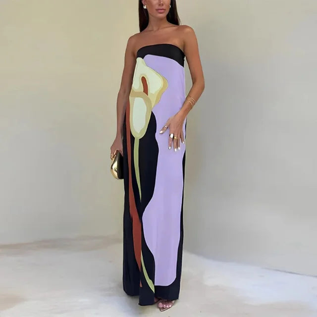 Robe Femme Maxi Bustier à Imprimé Color Block
