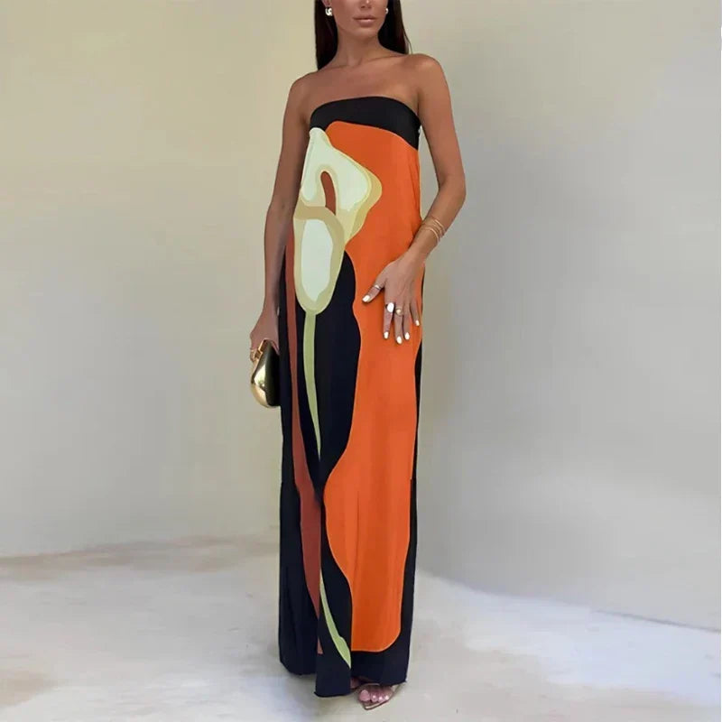 Robe Femme Maxi Bustier à Imprimé Color Block