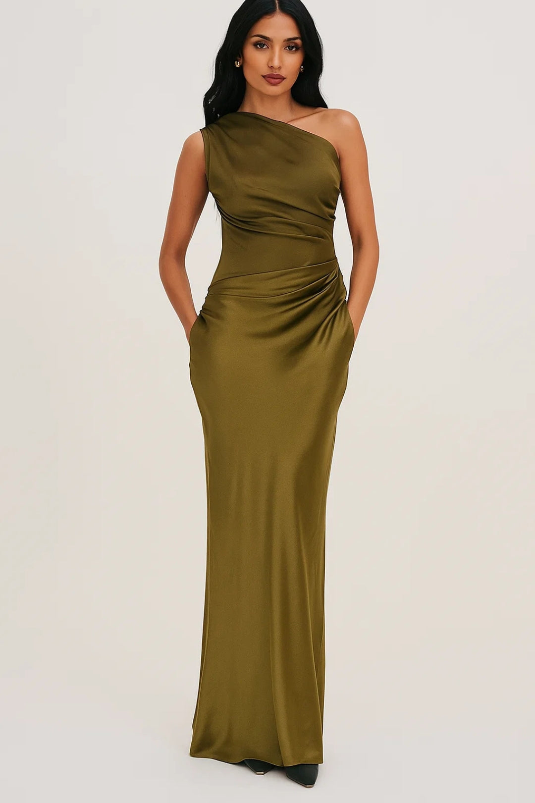 Robe Maxi Femme Asymétrique à Taille Plissée, Coupe Ajustée