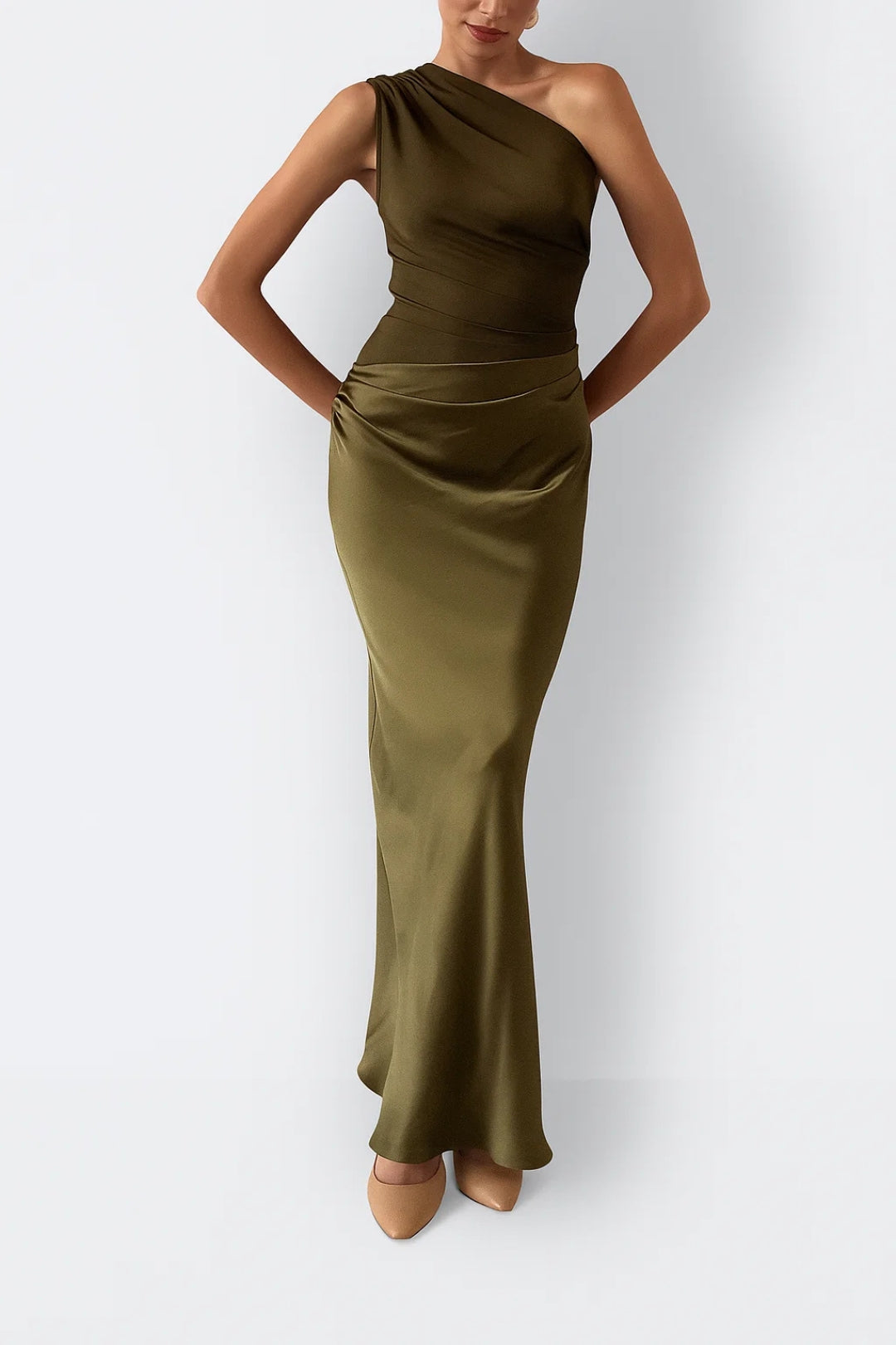 Robe Maxi Femme Asymétrique à Taille Plissée, Coupe Ajustée