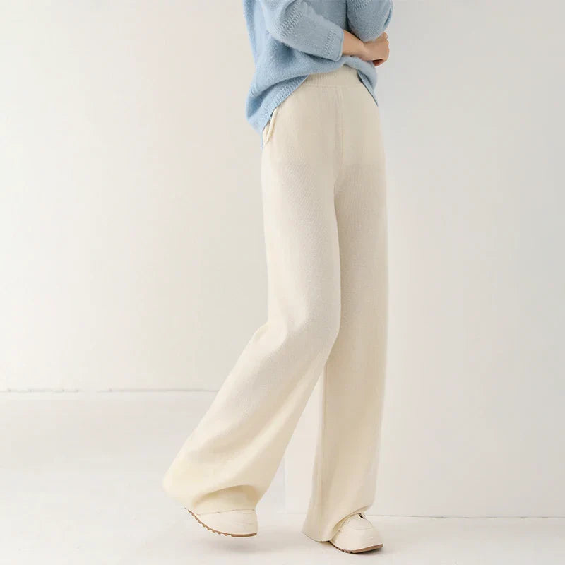Pantalon Femme Taille Haute Jambe Large en Laine Mérinos