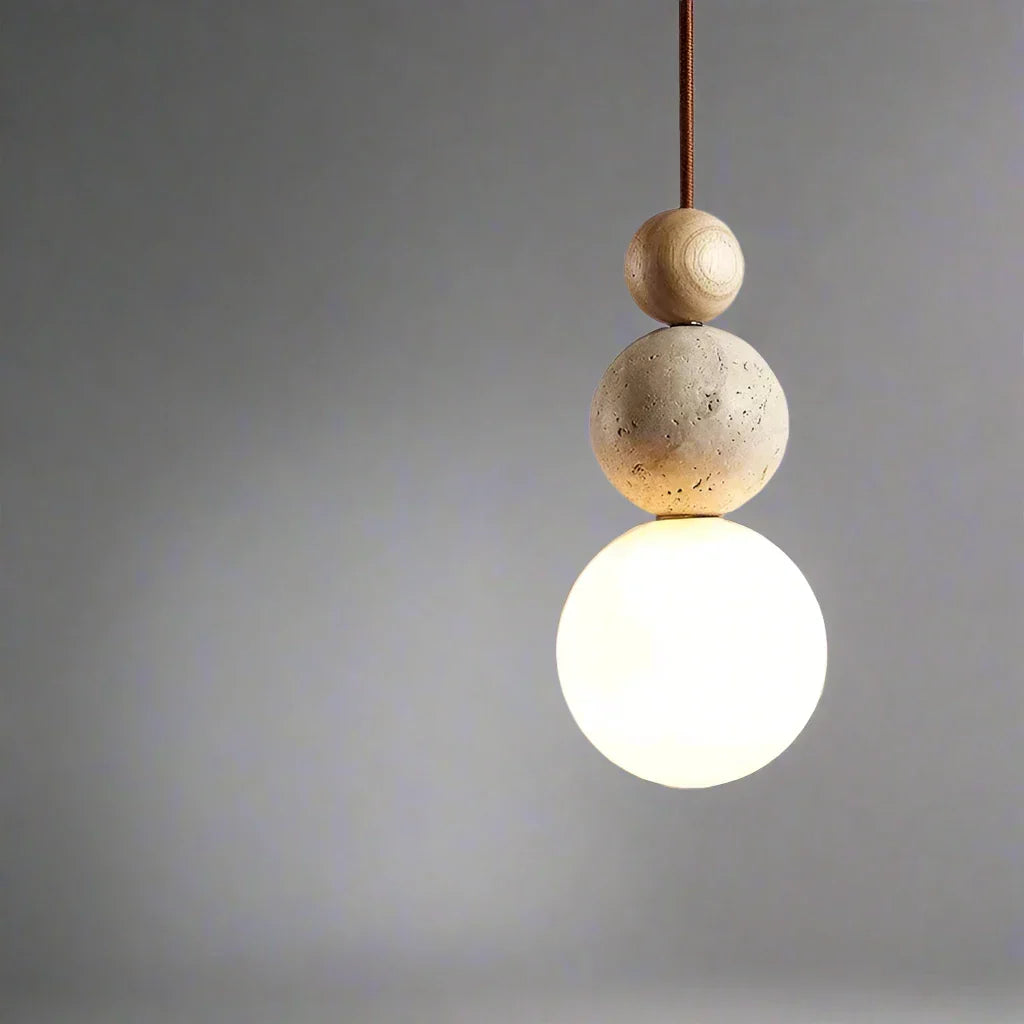 Suspension Luminaire Boule Minimaliste en Travertin, Verre et Bois