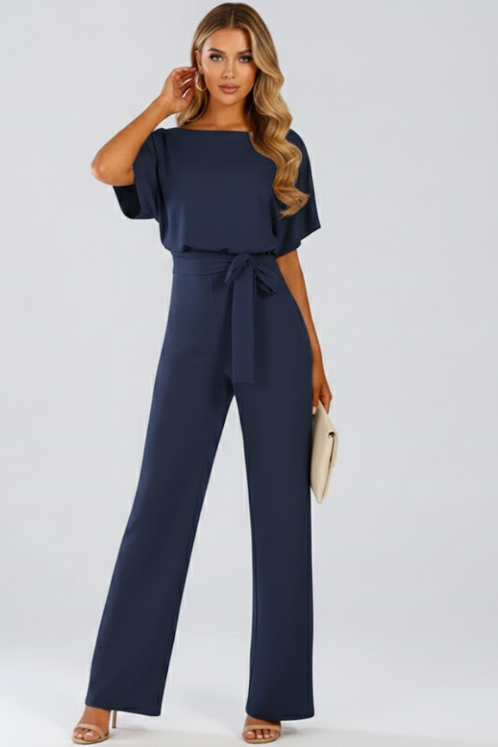 Combinaison Femme Ceinturée à Jambes Larges, Col Rond