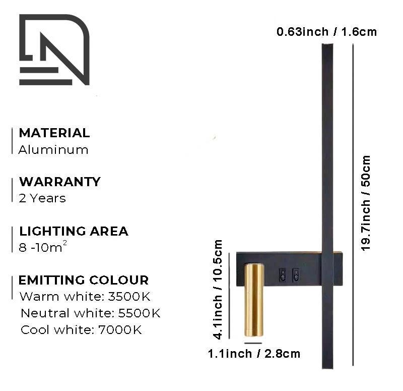 SVEA – Swivel LED Wall Light – Modern Nordic Reading Lamp for Bedroom wall-mounted; black metal with gold cylinder.