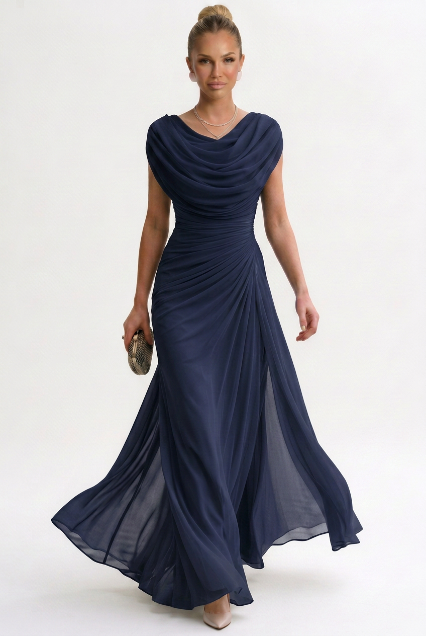 Robe Longue Femme Polyester Fluide à Col Rond