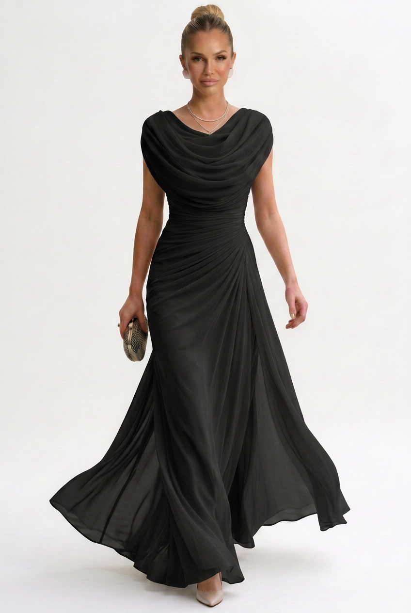 Robe Longue Femme Polyester Fluide à Col Rond