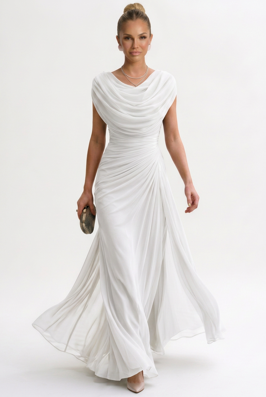 Robe Longue Femme Polyester Fluide à Col Rond