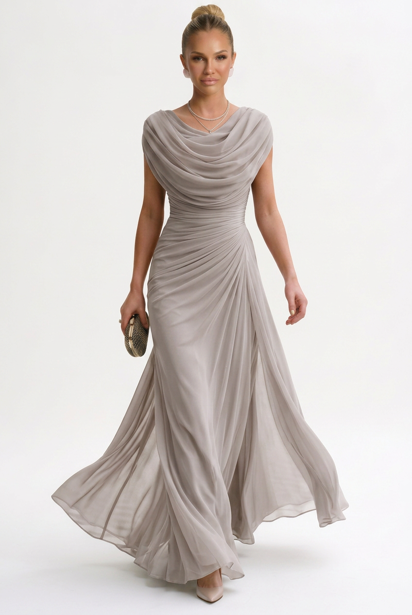 Robe Longue Femme Polyester Fluide à Col Rond