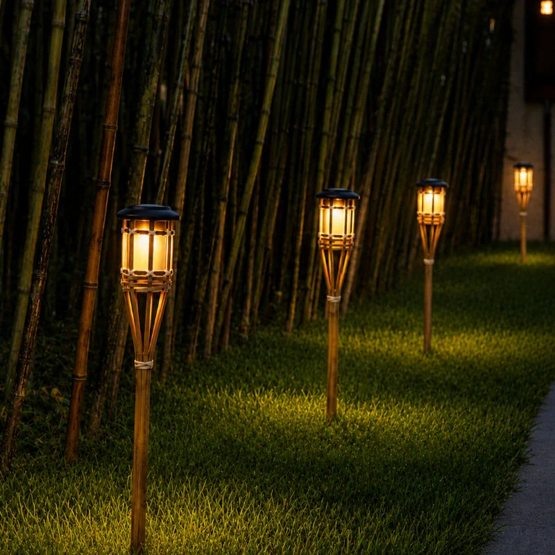 Bamboo Solar Lantern – Natural Finish with a Flickering Flame for the Garden or Patio