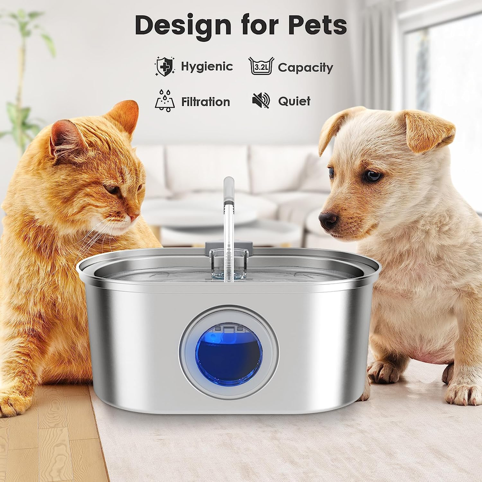 RVS-waterfontein voor huisdieren – 3,2 liter, zilverkleurig met waterpeilvenster voor katten en honden