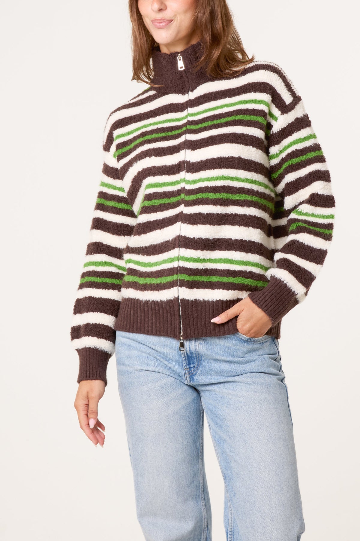Pull Femme Rayé Zippé Col Montant en Maille