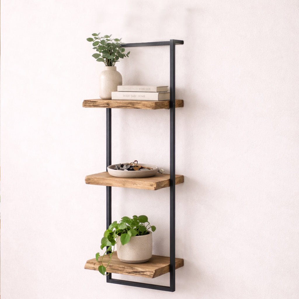 Wandplank – Massief acaciahout met vintage stalen frame voor de woonkamer of hal
