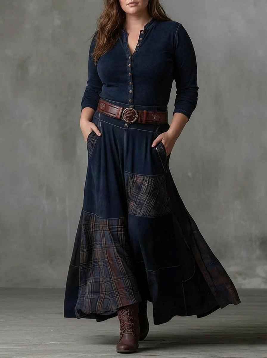 Robe Longue Femme Vintage en Suédine à Carreaux avec Ceinture