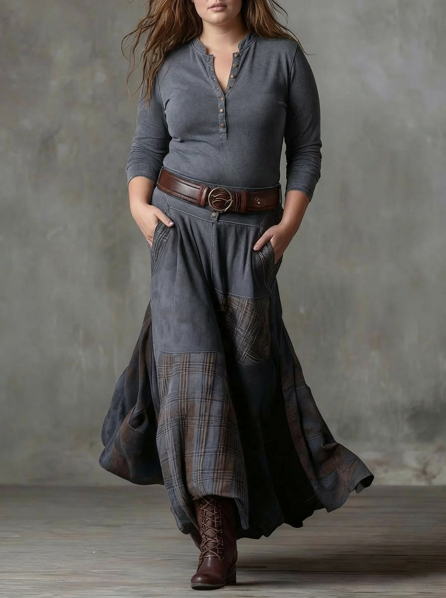 Robe Longue Femme Vintage en Suédine à Carreaux avec Ceinture