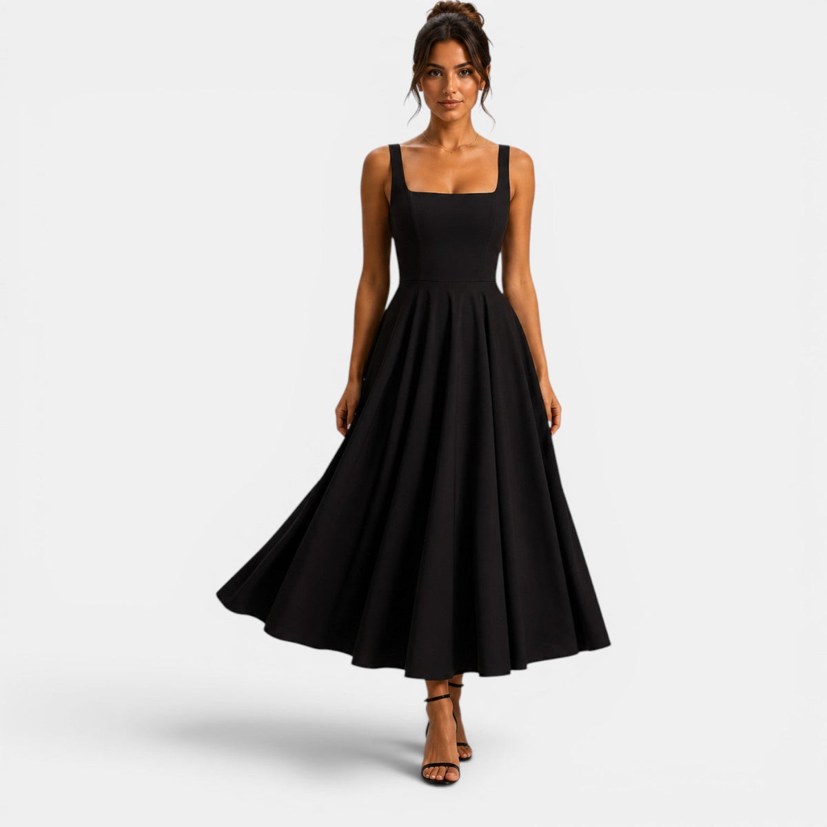 Robe Midi Femme à Bretelles, Décolleté Carré et Bas Évasé