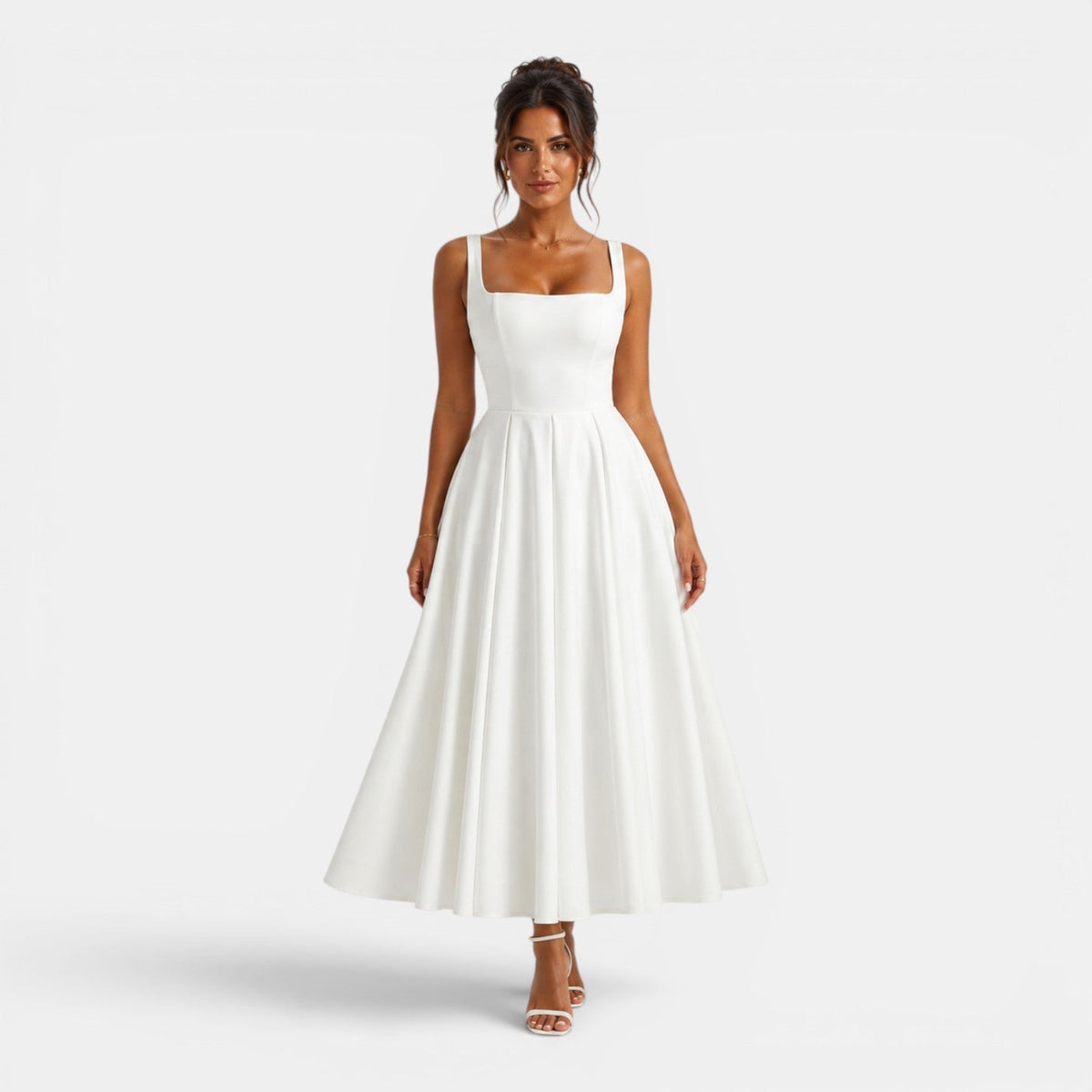 Robe Midi Femme à Bretelles, Décolleté Carré et Bas Évasé