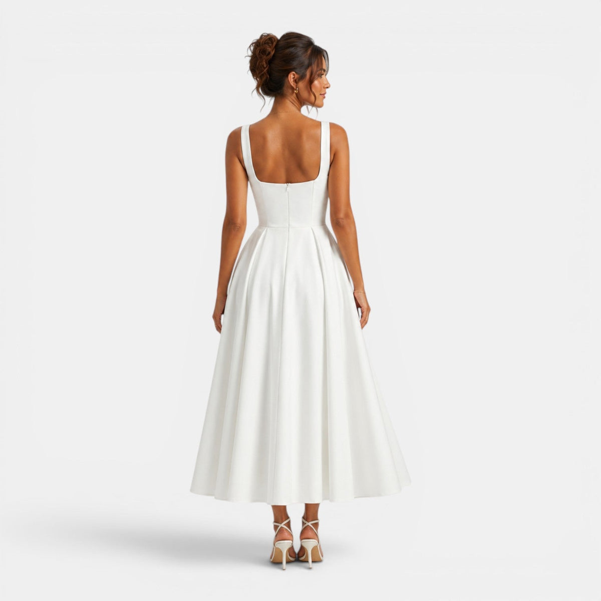 Robe Midi Femme à Bretelles, Décolleté Carré et Bas Évasé