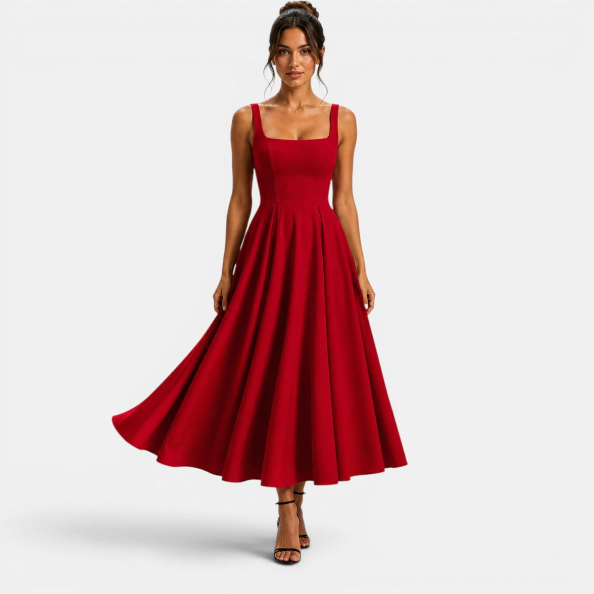 Robe Midi Femme à Bretelles, Décolleté Carré et Bas Évasé