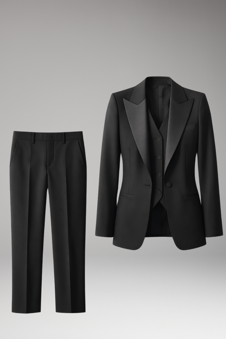 Tailleur Femme Trois Pièces Veste Col Cranté Gilet Pantalon Droit